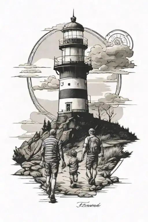 Fenerbahce lighthouse, father and son walking to the lighthouse tattoo design idea