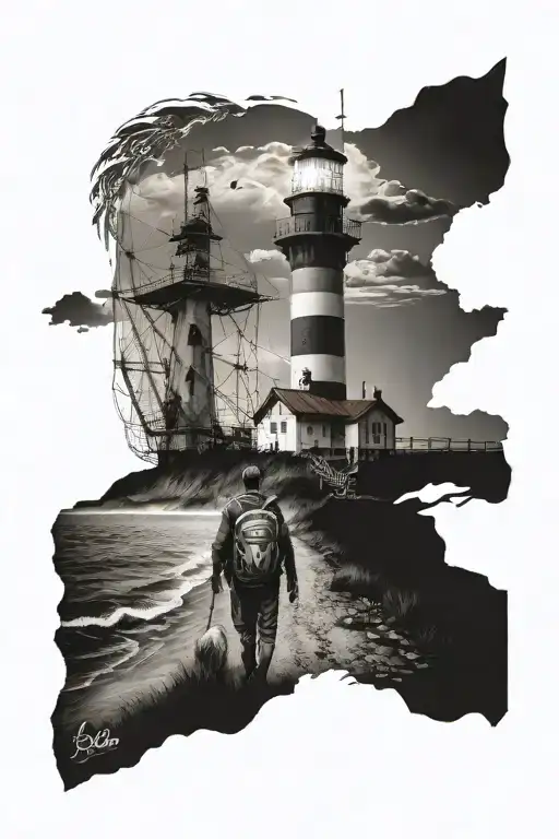 Fenerbahce lighthouse, father and son walking to the lighthouse tattoo design idea