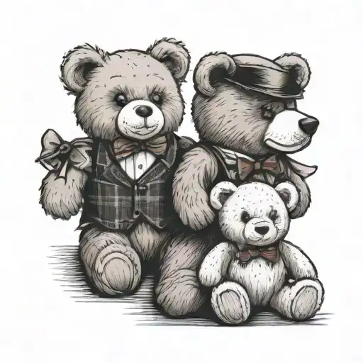 two teddy bears next to eachother. One bigger than the other. Small one with a tuxedo bow. Other with flannel vest. tattoo design idea