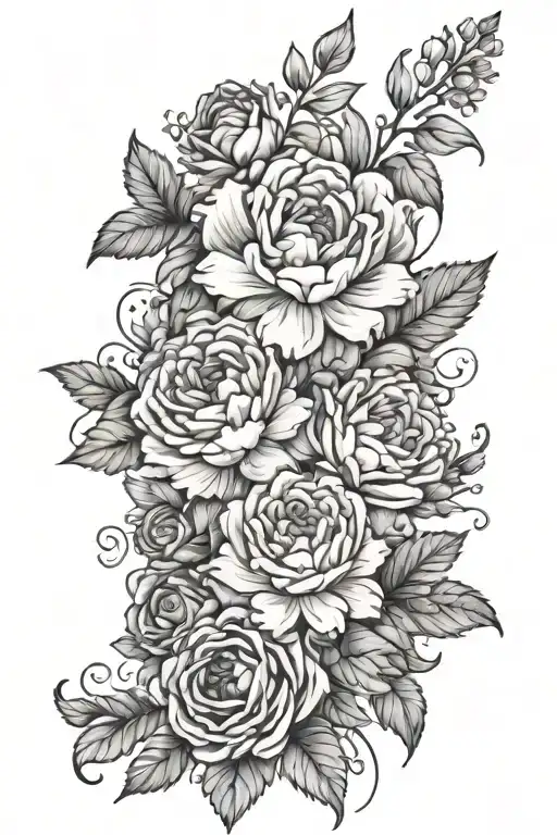 Floral design with large roses, lilys, chrysanthemums, carnation, and peonies. With small daisys, leaves, and vines.  tattoo design idea