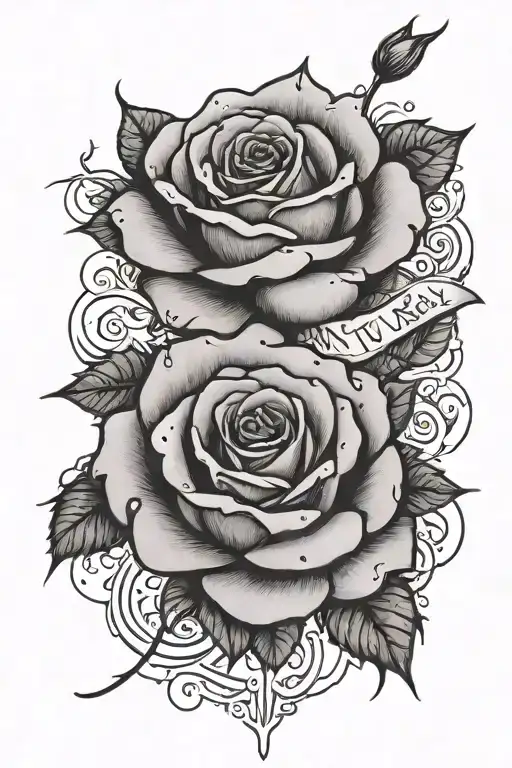 rose with words that say "no rain no flowers" tattoo design idea