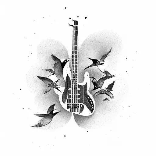 An electric bass guitar transforming into a flock of birds tattoo design idea