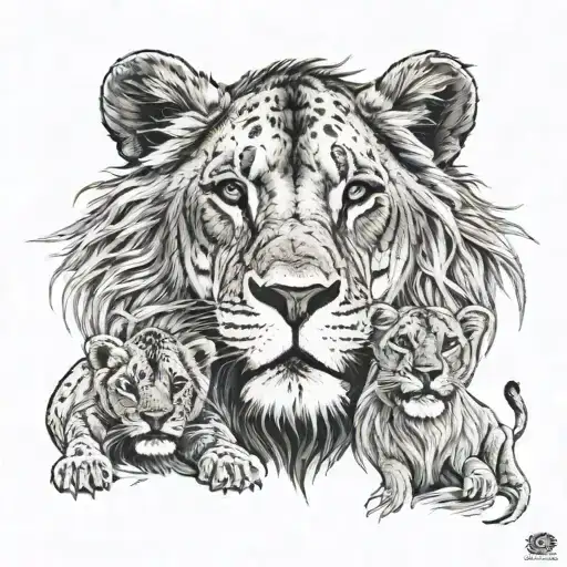 lion and lioness with 4 cubs face on fire tattoo design idea