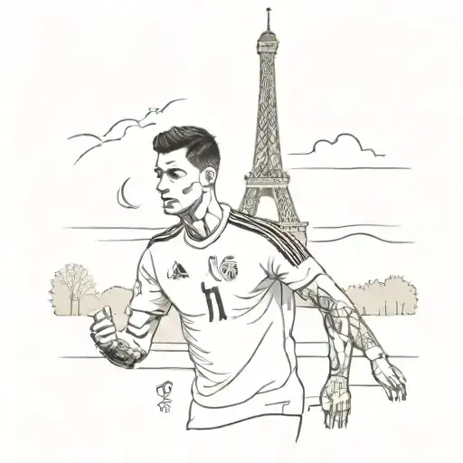 Cristiano Ronaldo with the Paris shirt and the Eiffel Tower and Messi next to him tattoo design idea