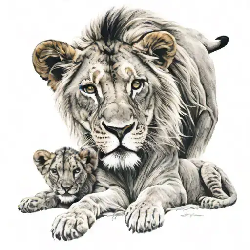  lion and lioness with four cubs below  tattoo design idea