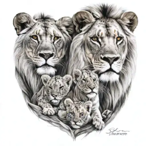 lion with a lioness and 4 cubs underneath tattoo design idea