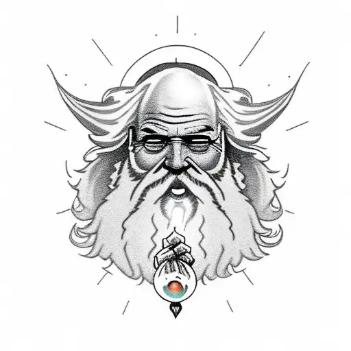 old man wizard in hood with big beard holding an orb of light tattoo design idea