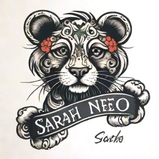 real paw print with name Sarah tattoo design idea