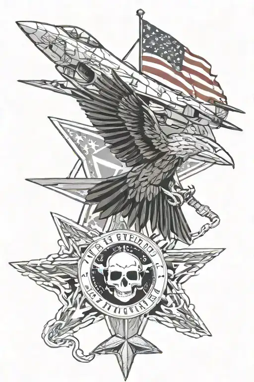Texas State Flag in background, F-16CM flying, T-6 Texan 2 flying, T-38 A flying, Grim Reaper skull in Fighter Pilot Hel tattoo design idea