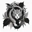 gothic cat and dragon with leafs and ferns tattoo design idea
