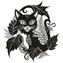 gothic cat and dragon with leafs and ferns tattoo design idea