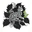 gothic cat and dragon with leafs and ferns tattoo design idea
