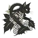 gothic cat and dragon with leafs and ferns tattoo design idea