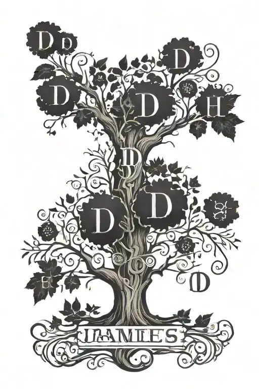 a family tree with the letter D in the middle and the names James, Amber, Easton, and hunter on the branches tattoo design idea