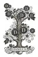 a family tree with the letter D in the middle and the names James, Amber, Easton, and hunter on the branches tattoo design idea