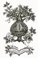 a family tree with the letter D in the middle and the names James, Amber, Easton, and hunter on the branches tattoo design idea