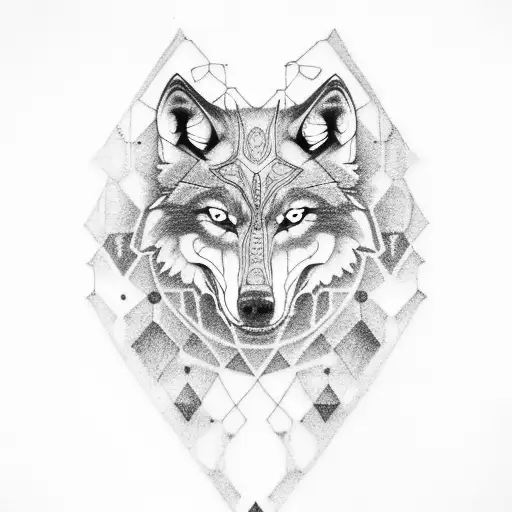 wolf skull, colors dark green, light blue, brown, golden outline tattoo design idea