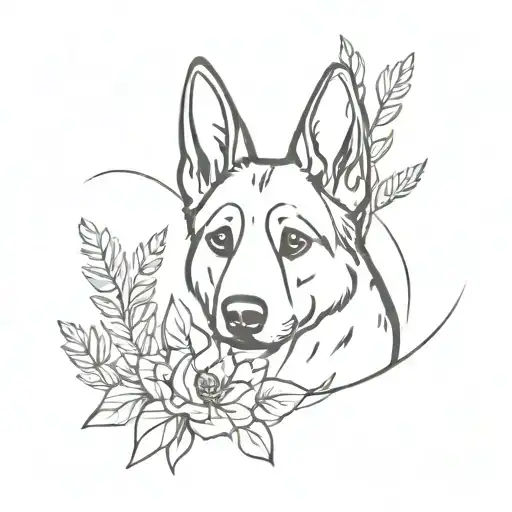 A minimalist tattoo of a german shepherd and a plant intertwined in a unique design tattoo design idea