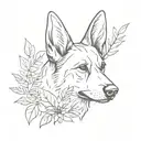 A minimalist tattoo of a german shepherd and a plant intertwined in a unique design tattoo design idea