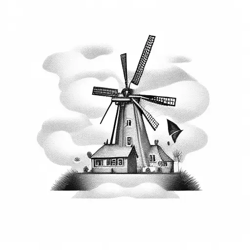 A blackwork tattoo of a windmill with musical notes swirling around it tattoo design idea