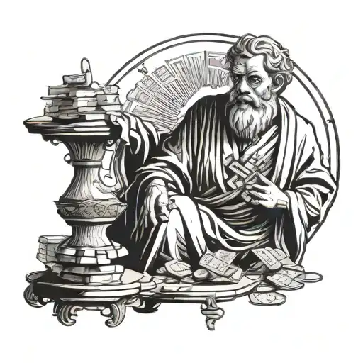 A tattoo design featuring a stoic philosopher counting money, symbolizing the balance between wealth and wisdom tattoo design idea