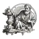 A tattoo design featuring a stoic philosopher counting money, symbolizing the balance between wealth and wisdom tattoo design idea