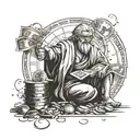 A tattoo design featuring a stoic philosopher counting money, symbolizing the balance between wealth and wisdom tattoo design idea