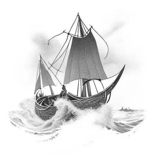 a Viking longboat on rough seas. A Valkyrie warrior holds a curly-haired girl and a baby boy. tattoo design idea