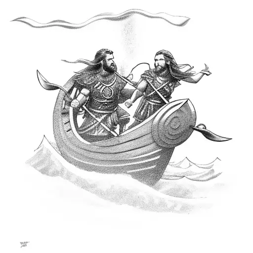 a Viking longboat on rough seas. A Valkyrie warrior holds a curly-haired girl and a baby boy. tattoo design idea