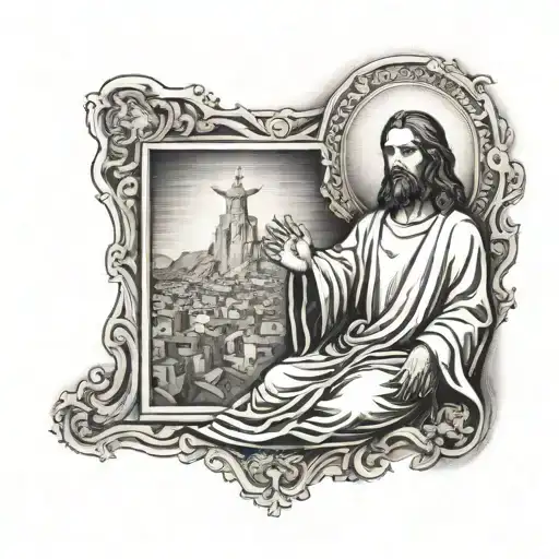 A black-grey tattoo of a silhouette of Jesus praying at the foot of Monte Calvário tattoo design idea