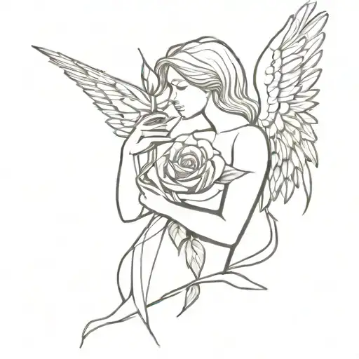 Angel holding a rose with spines tattoo design idea