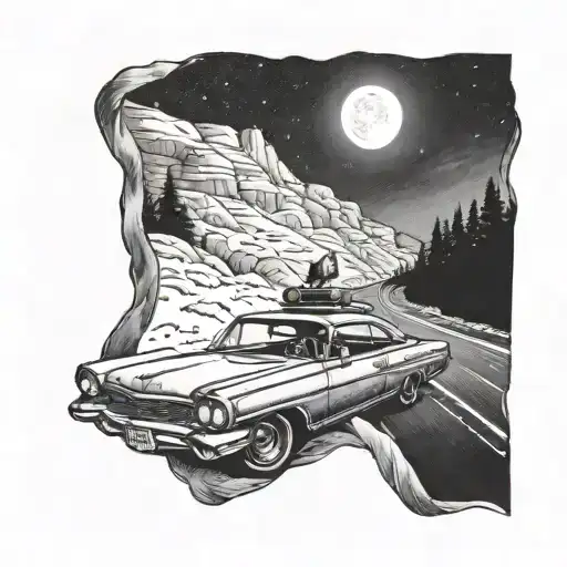 A lonely car on a night road trip tattoo design idea