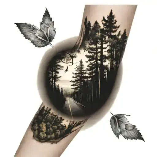 A highway with a forest in the background over the entire surface of the forearm tattoo design idea