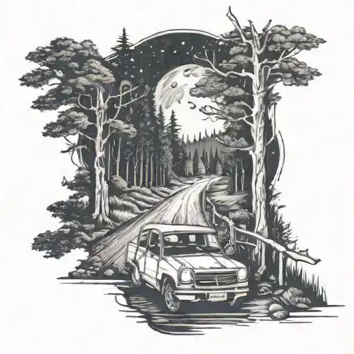 A lone car on a night road in the middle of the forest all over the surface of the forearm tattoo design idea