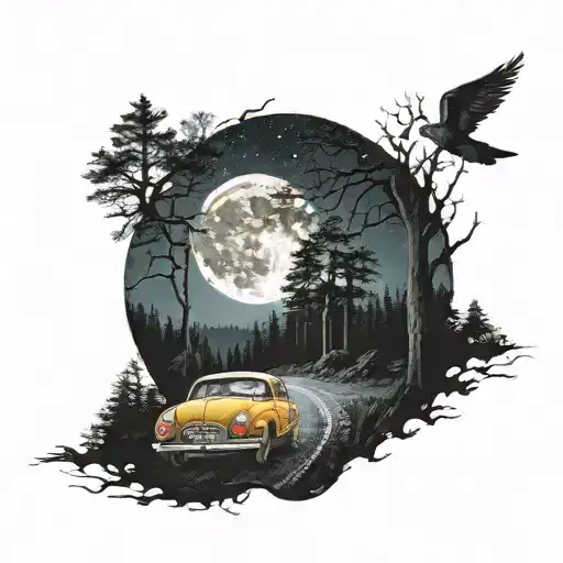 A night road stretching beyond the horizon, with a small car with headlights shining, a forest around, and the moon tattoo design idea