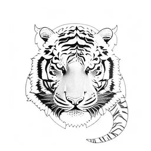 A blackwork tattoo of a tiger's face with a rose in its mouth, surrounded by travel landmarks tattoo design idea