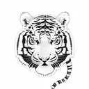 A blackwork tattoo of a tiger's face with a rose in its mouth, surrounded by travel landmarks tattoo design idea