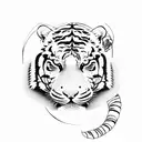 A blackwork tattoo of a tiger's face with a rose in its mouth, surrounded by travel landmarks tattoo design idea