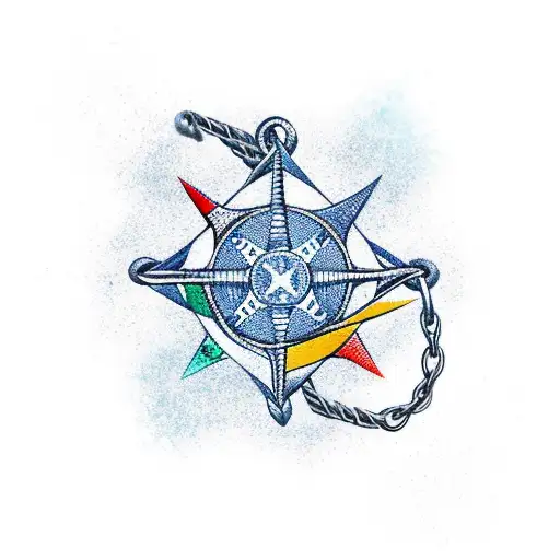 nautical star with an anchor hanging from it using ship chains tattoo design idea
