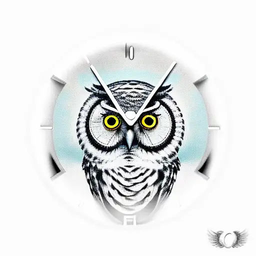  owl with eyes as clocks depicting 11:03 and 21:08 tattoo design idea
