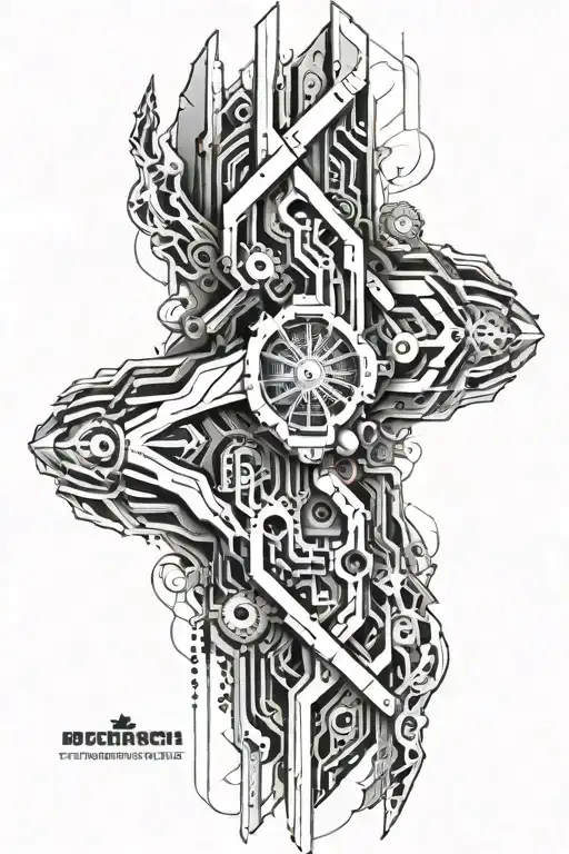 black and white biomechanical half sleeve arm tattoo with silicon chip on shoulder armor tearing through skin tattoo design idea