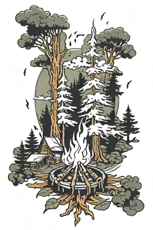 trees with camp fire coming tattoo design idea