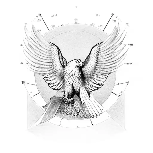 A realistic chessboard with an eagle perched on top, surrounded by mathematical equations and calculations. tattoo design idea