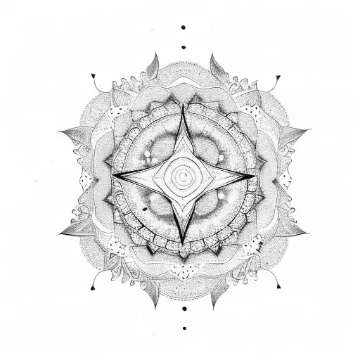 A dotwork mandala design incorporating mountain peaks and a full moon at the center tattoo design idea