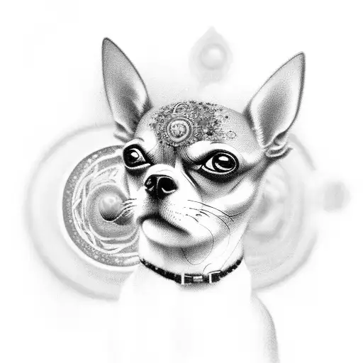 cosmic theme with a galaxy connecting to a lei of vibrant flowers. In the centera curious Chihuahua gazes at the univers tattoo design idea