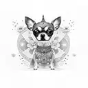 cosmic theme with a galaxy connecting to a lei of vibrant flowers. In the centera curious Chihuahua gazes at the univers tattoo design idea