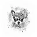 cosmic theme with a galaxy connecting to a lei of vibrant flowers. In the centera curious Chihuahua gazes at the univers tattoo design idea