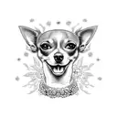 cosmic theme with a galaxy connecting to a lei of vibrant flowers. In the centera curious Chihuahua gazes at the univers tattoo design idea