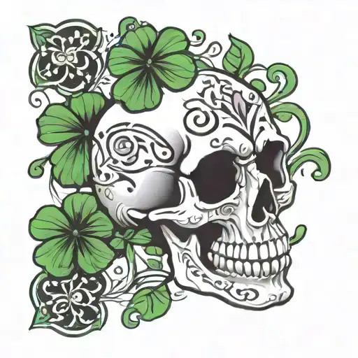 skull four leaf clover tattoo design idea