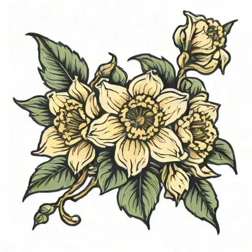 daffodil and camellia tattoo on arm band tattoo design idea